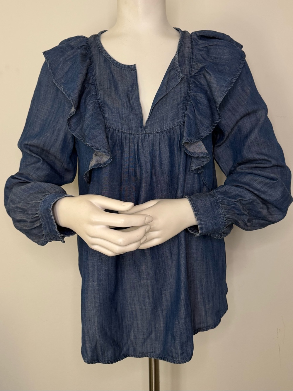 GAP Denim-Style Ruffle Front Peasant Top - Blue